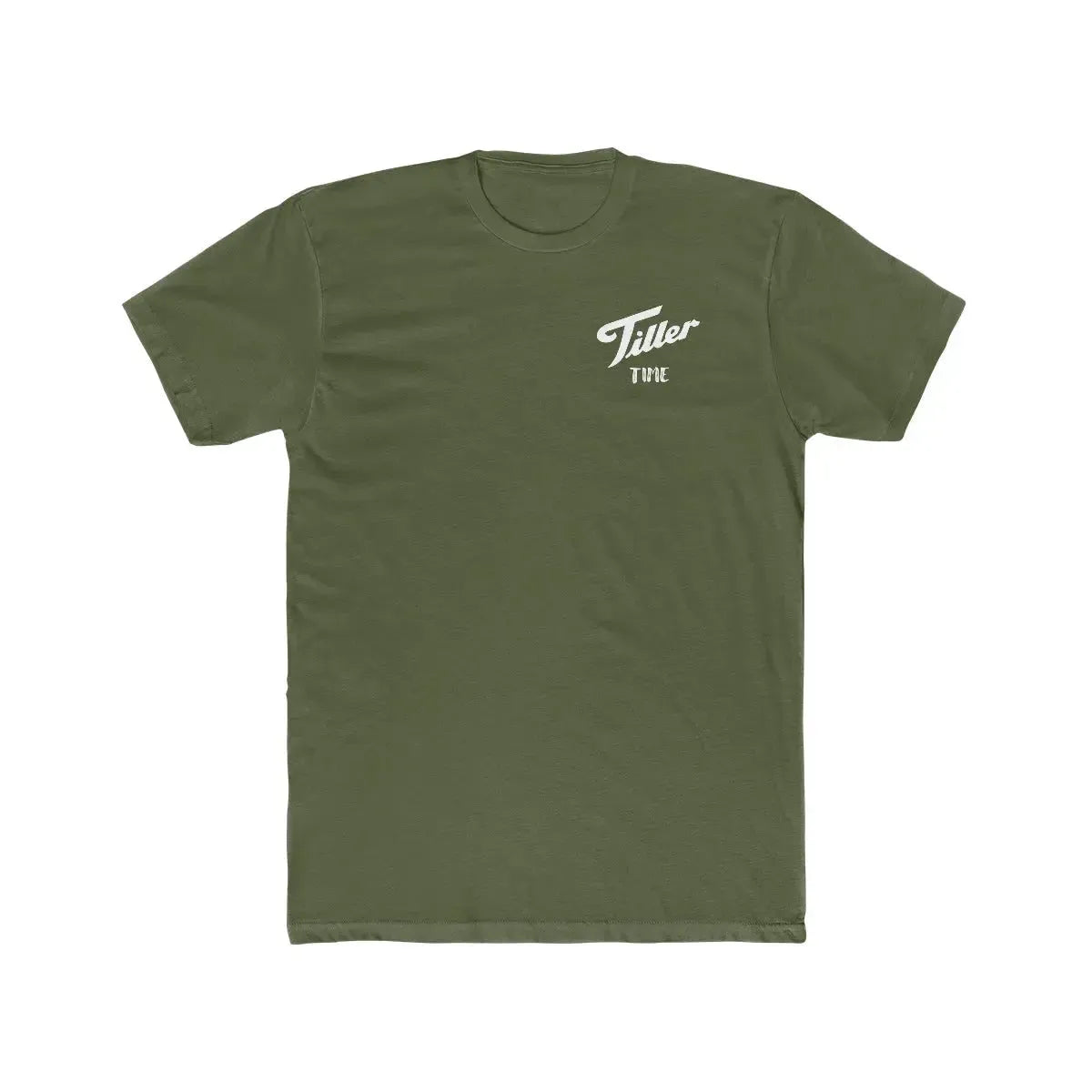 Olive green premium fit combed cotton t-shirt with "Tiller Time" graphic in white script.
