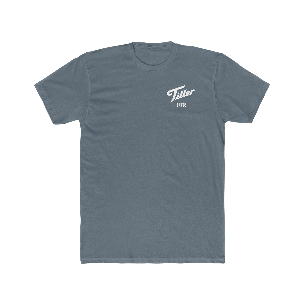 Slate blue combed cotton t-shirt with "Tiller Time" in white script on the left chest.