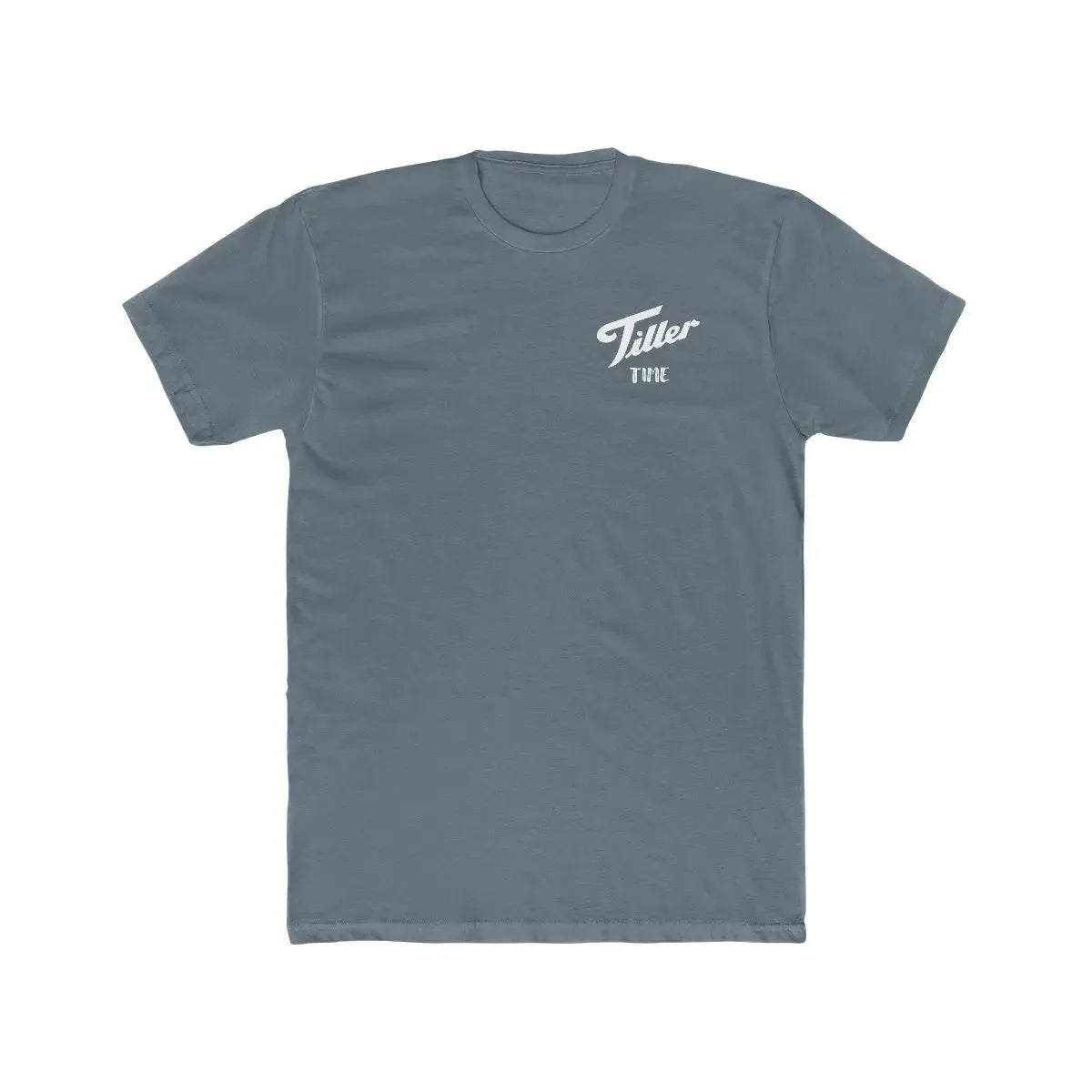 Slate blue combed cotton t-shirt with "Tiller Time" in white script on the left chest.