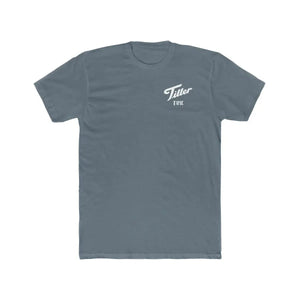 Slate blue combed cotton t-shirt with "Tiller Time" in white script on the left chest.