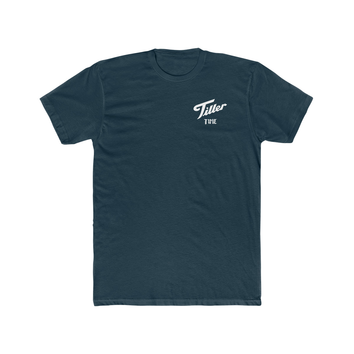 Dark blue combed cotton t-shirt with "Tiller Time" in white script on the chest.