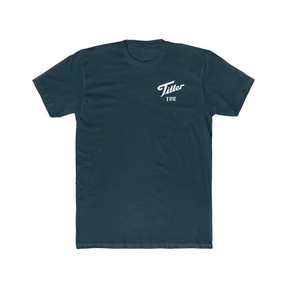 Dark blue combed cotton t-shirt with "Tiller Time" in white script on the chest.