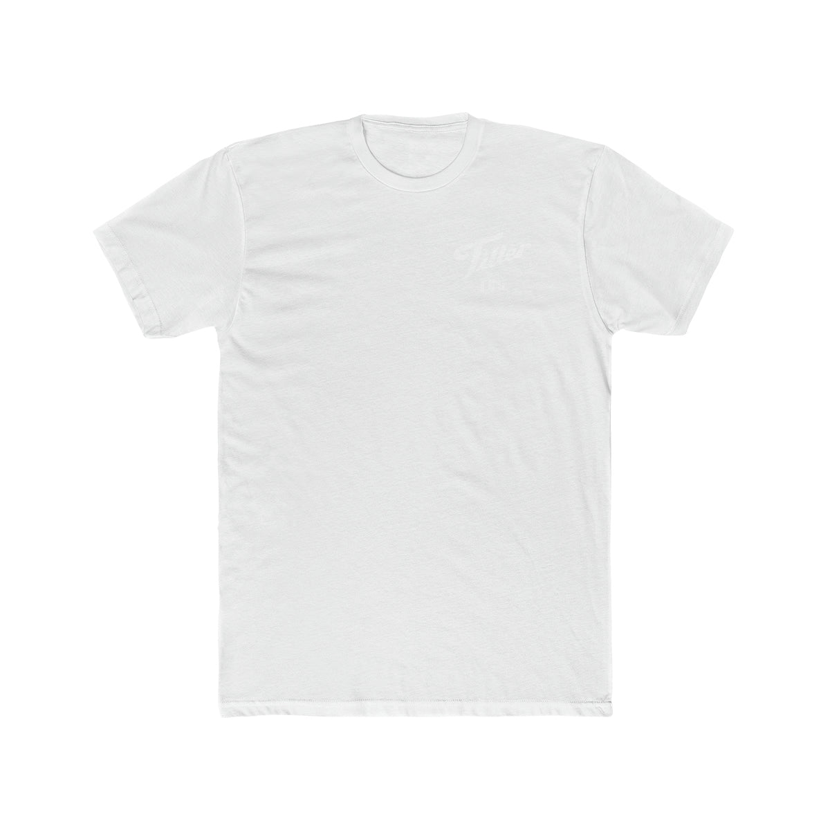 White combed ring-spun cotton "Tiller Time" t-shirt with premium fit and subtle chest graphic.