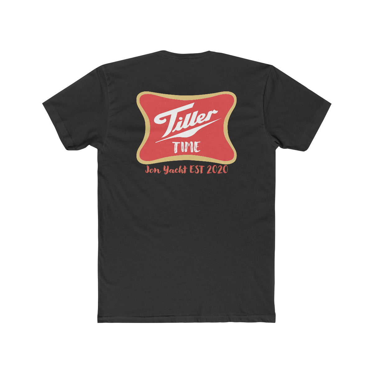 Black combed cotton Tiller Time Jon Yacht EST 2020 premium fit t-shirt with red and gold logo.