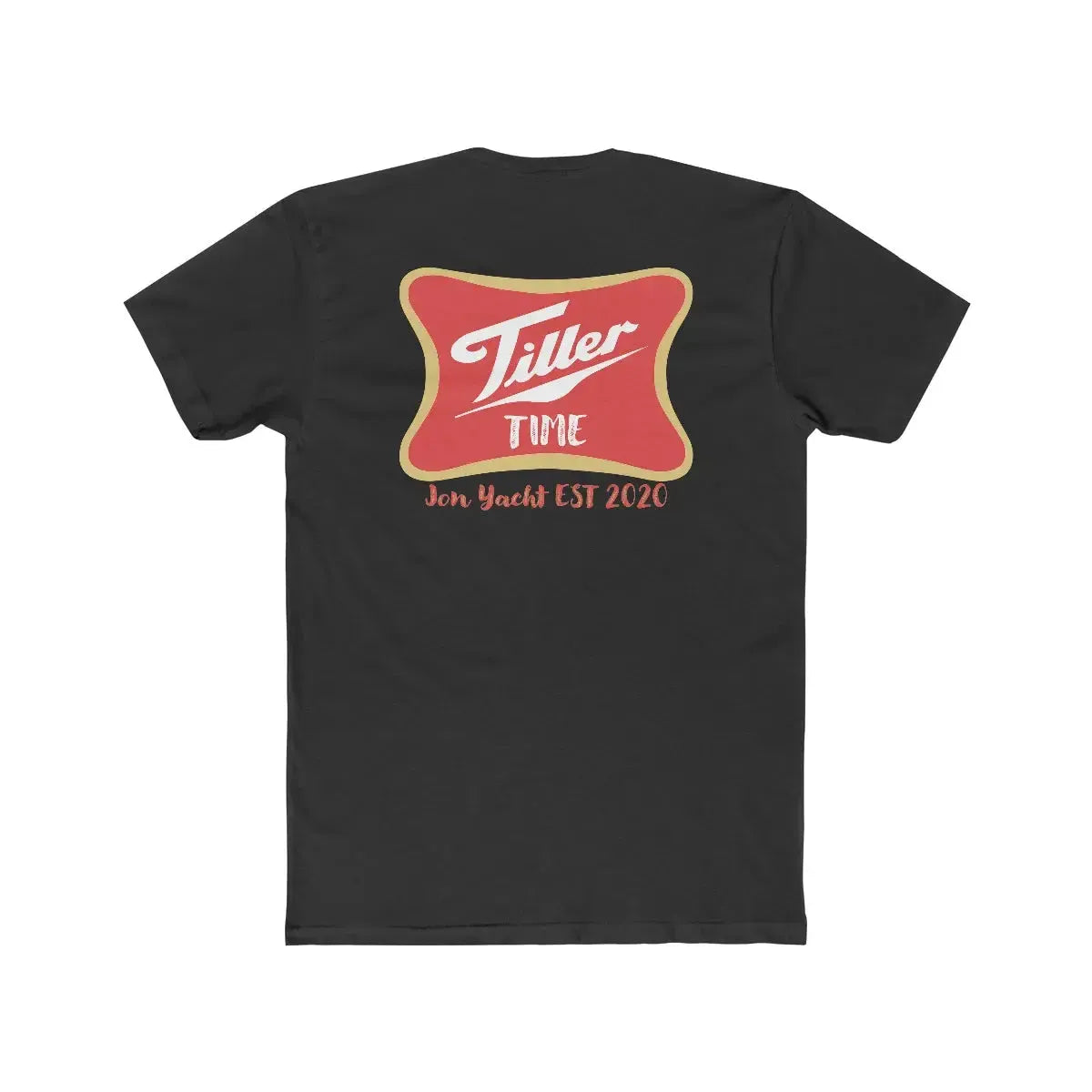 Black combed cotton Tiller Time Jon Yacht EST 2020 premium fit t-shirt with red and gold logo.