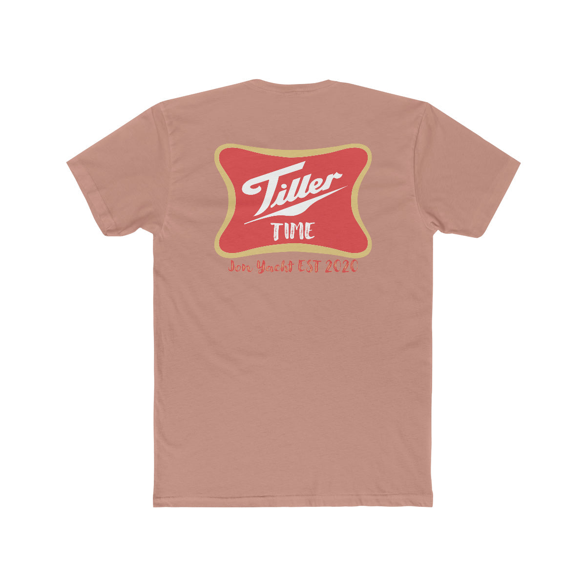 Premium fit peach Tiller Time t-shirt with red and gold logo, "Jon Yachts EST 2020" text.
