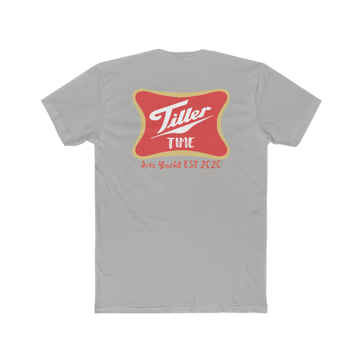Light gray combed cotton T-shirt with "Tiller Time" red and gold logo, "Jon Yacht EST 2020" below.