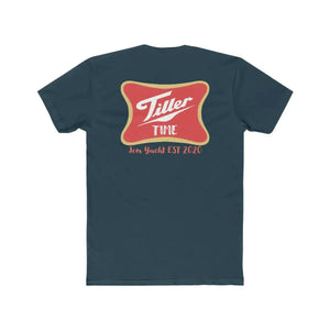 Navy blue combed cotton T-shirt with a red and gold "Tiller Time Jon Yacht EST 2020" logo on the back.
