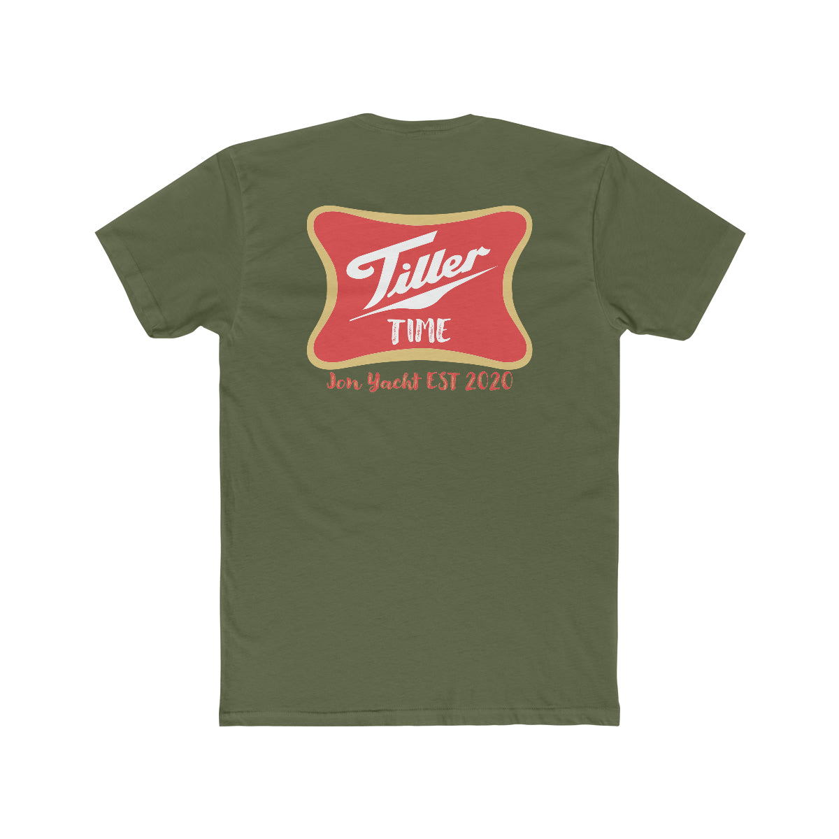Olive green combed cotton t-shirt with "Tiller Time Jon Yacht EST 2020" logo on back.