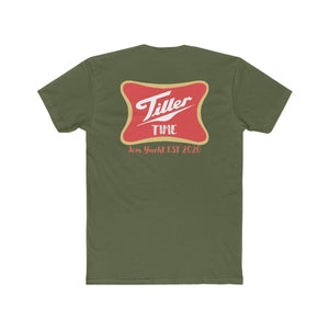 Olive green combed cotton t-shirt with "Tiller Time Jon Yacht EST 2020" logo on back.