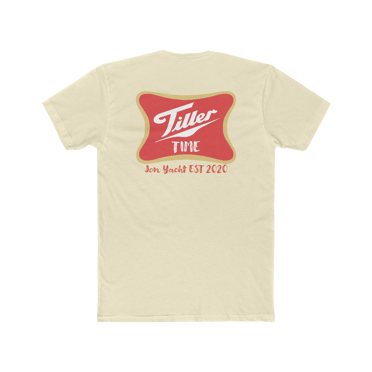 Cream Tiller Time Jon Yacht EST 2020 premium fit t-shirt with red and gold logo.