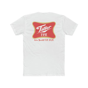 White combed ring-spun cotton T-shirt with "Tiller Time Jon Yacht EST 2020" logo in red and gold.