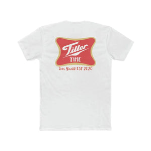 White combed ring-spun cotton T-shirt with "Tiller Time Jon Yacht EST 2020" logo in red and gold.