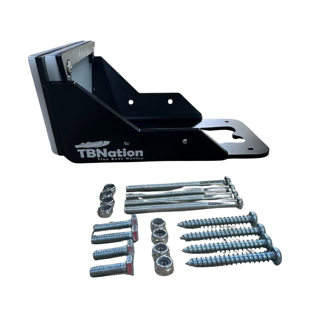 Black powder-coated steel transom motor mount bracket with TBNation logo and included mounting hardware.
