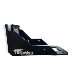 Black powder-coated steel transom motor mount bracket with white pads and TBNation logo.