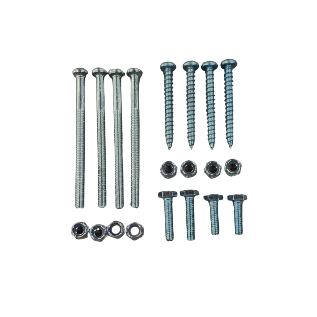 Silver metal mounting hardware: long bolts, screws, and nuts for a transom motor mount.
