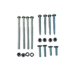 Silver metal mounting hardware: long bolts, screws, and nuts for a transom motor mount.