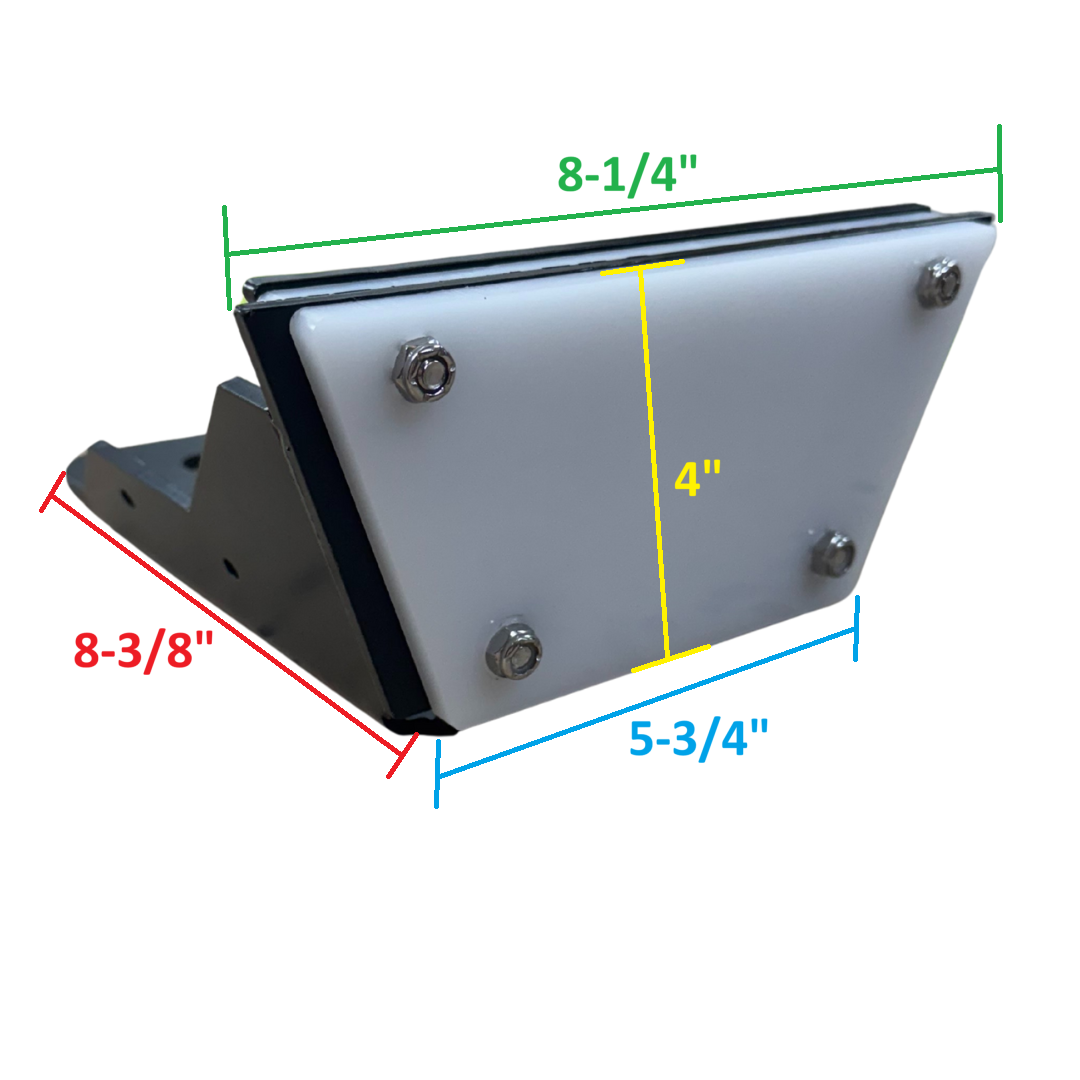 Black powder-coated steel transom motor mount with white plastic plate, dimensions shown.