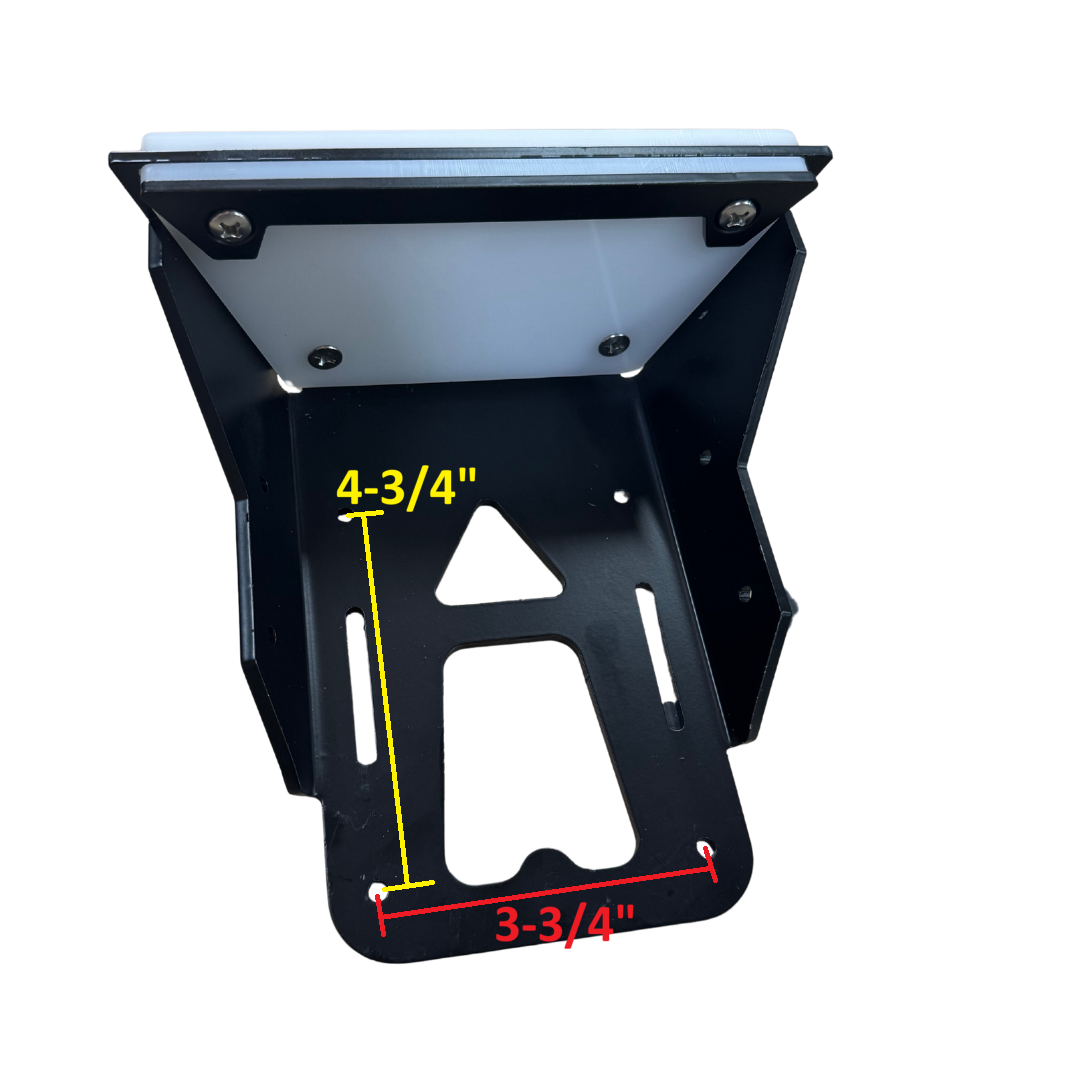 Black powder-coated steel transom motor mount bracket with white top plate, showing 3-3/4" and 4-3/4" dimensions.