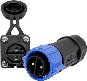 Black and blue waterproof trolling motor plug with two pins and a matching receptacle.