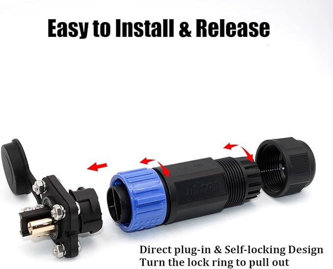 Black trolling motor plug with blue locking ring, showing disassembled parts for easy installation.