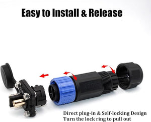 Black trolling motor plug with blue locking ring, showing disassembled parts for easy installation.