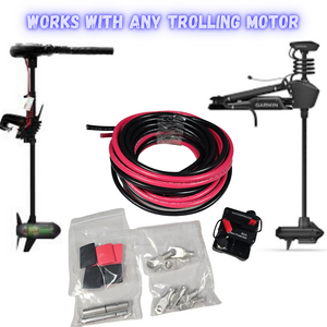 Trolling motor wiring kit with red and black 6 AWG marine wire, circuit breaker, ring terminals, and connectors.