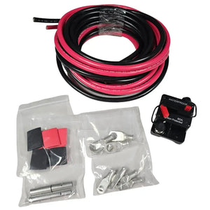 Red and black 6 AWG marine grade wire coil with circuit breaker, ring terminals, and heat shrink.
