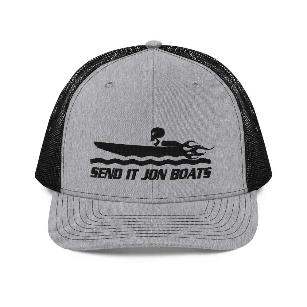 Gray trucker cap with black mesh back, curved visor, and "SEND IT JON BOATS" embroidered design.