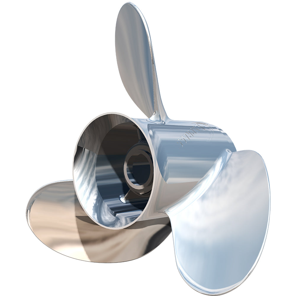Shiny silver 3-blade stainless steel boat propeller, left-hand rotation, with a polished finish.
