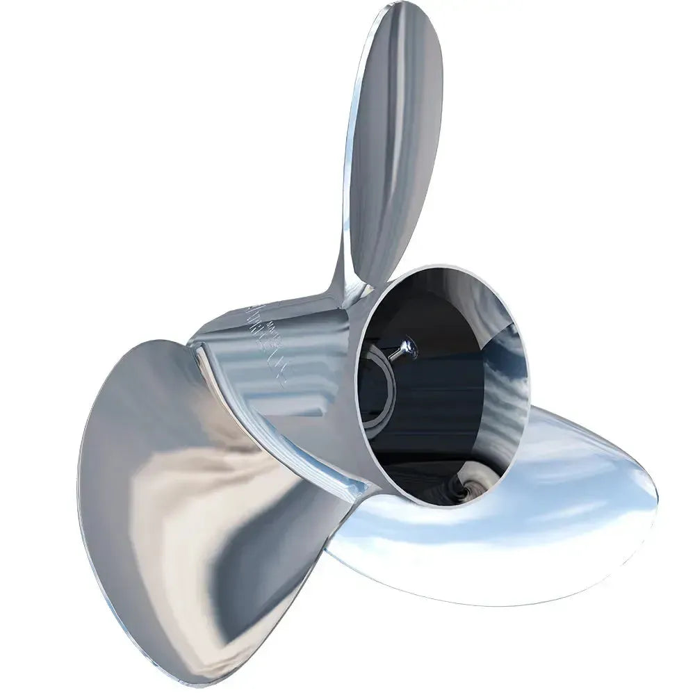 Shiny 3-blade stainless steel boat propeller, 15.625" x 13 pitch, for marine engines.