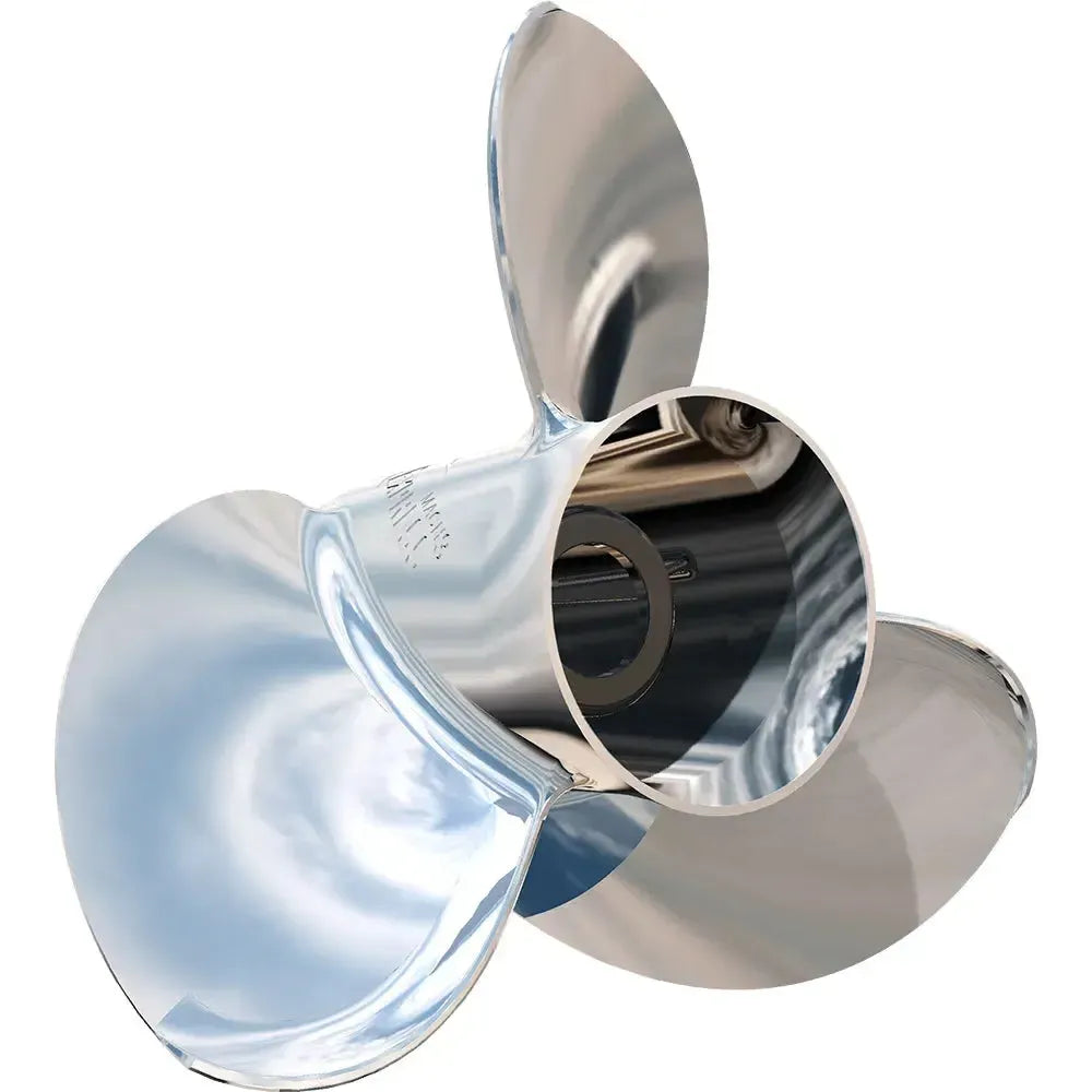 Shiny silver 3-blade stainless steel boat propeller, 10.5" x 13 pitch, with reflective surface.