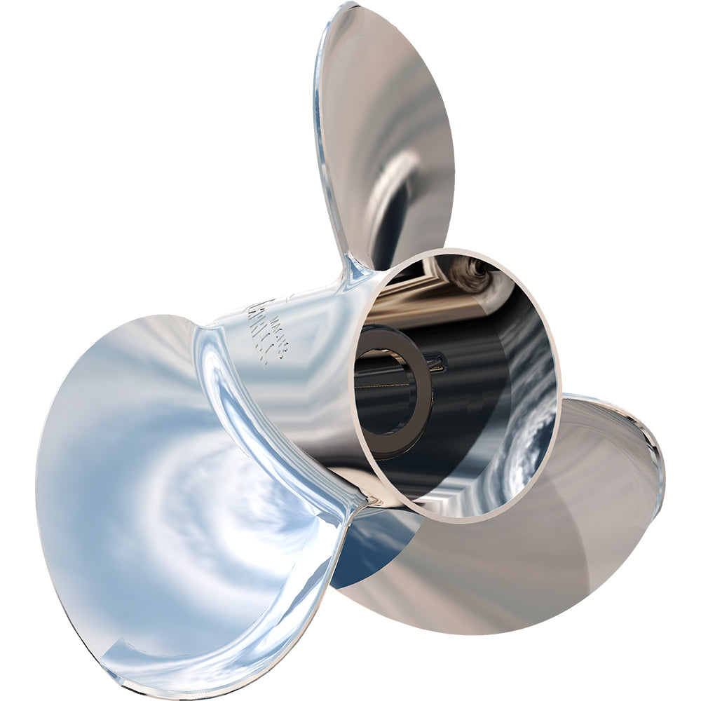 Shiny 3-blade stainless steel boat propeller, Turning Point Express Mach3, 10.38" x 14 pitch.