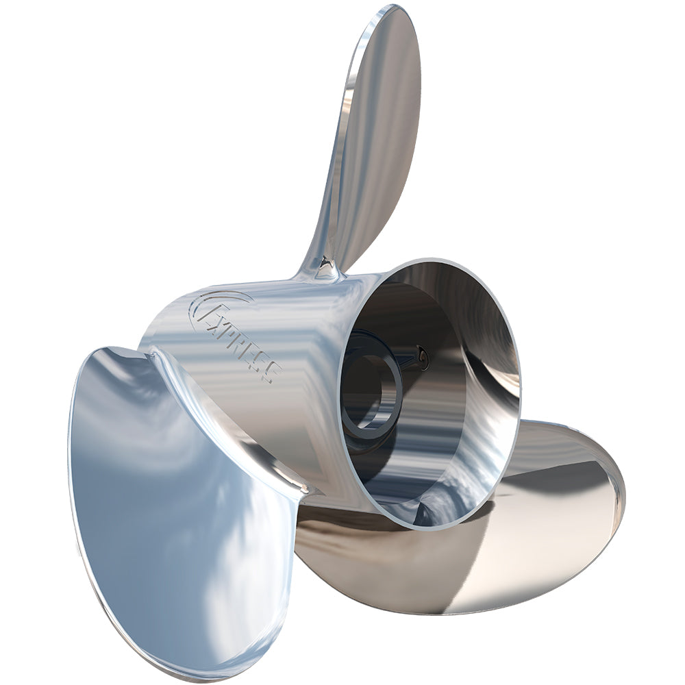 Shiny silver Turning Point Express Mach3 stainless steel 3-blade propeller, right hand, 14.25" x 23 pitch.