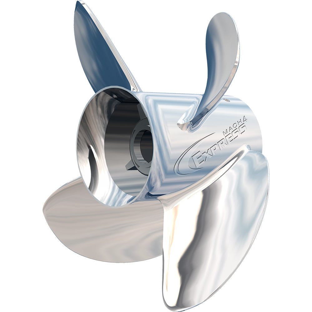Shiny silver 4-blade stainless steel Express Mach4 boat propeller with "EXPRESS" logo.