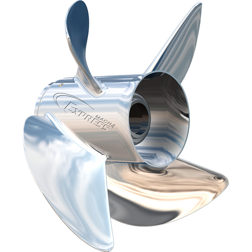 Shiny silver 4-blade stainless steel boat propeller with "EXPRESS MACH4" engraved on the hub.