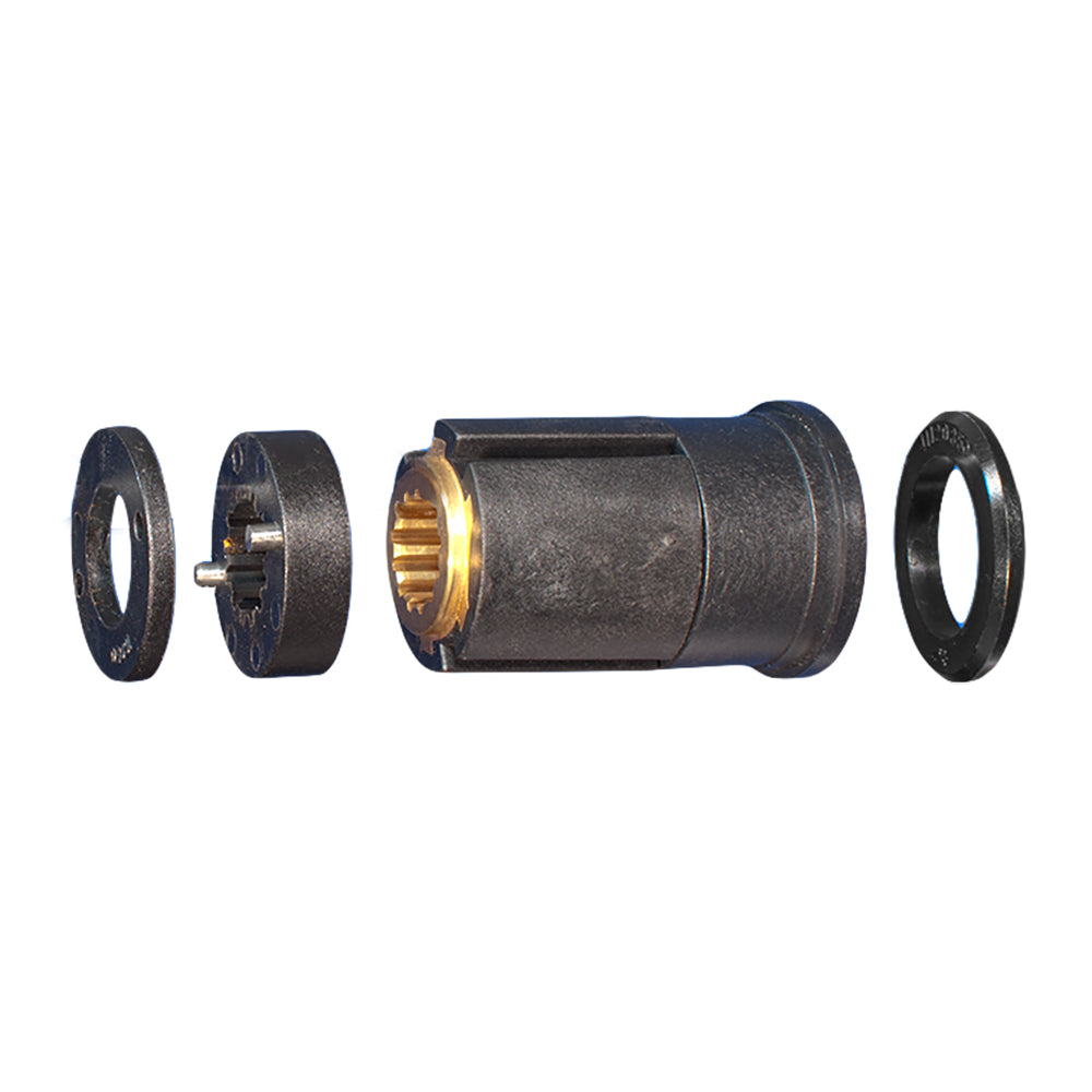 Turning Point Hub Kit #11 with black outer hub and brass inner splines, disassembled.