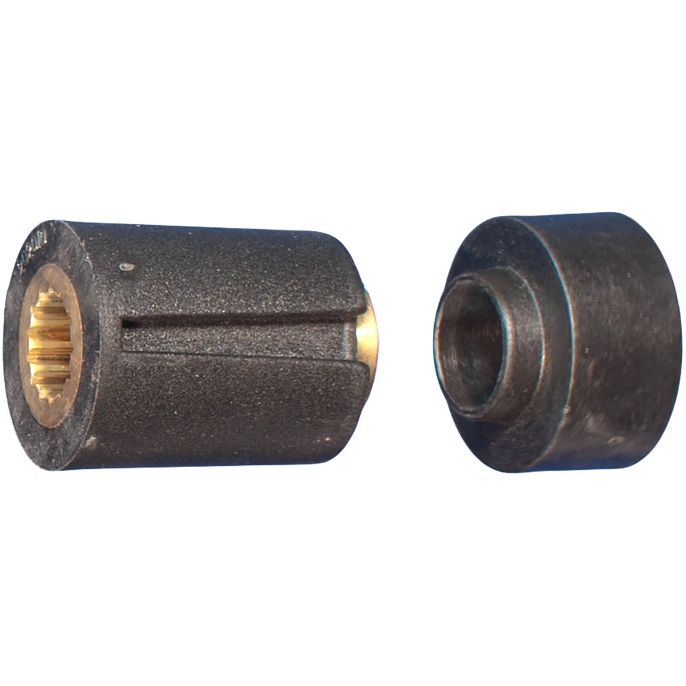 Turning Point Hub Kit #202, a black rubber hub with brass splines, shown in two parts.