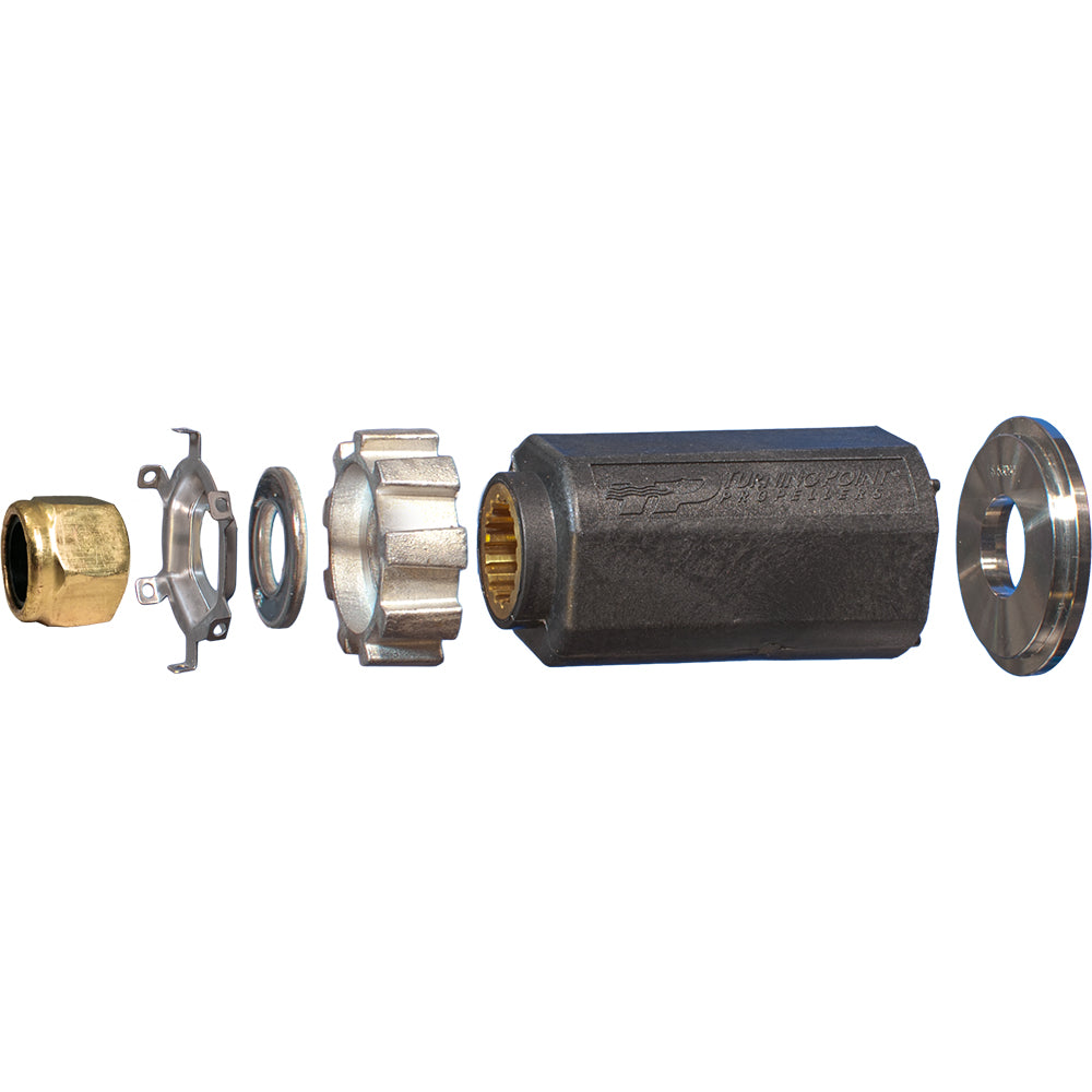 Turning Point Hub Kit #501 with brass splines and black outer hub, disassembled to show components.