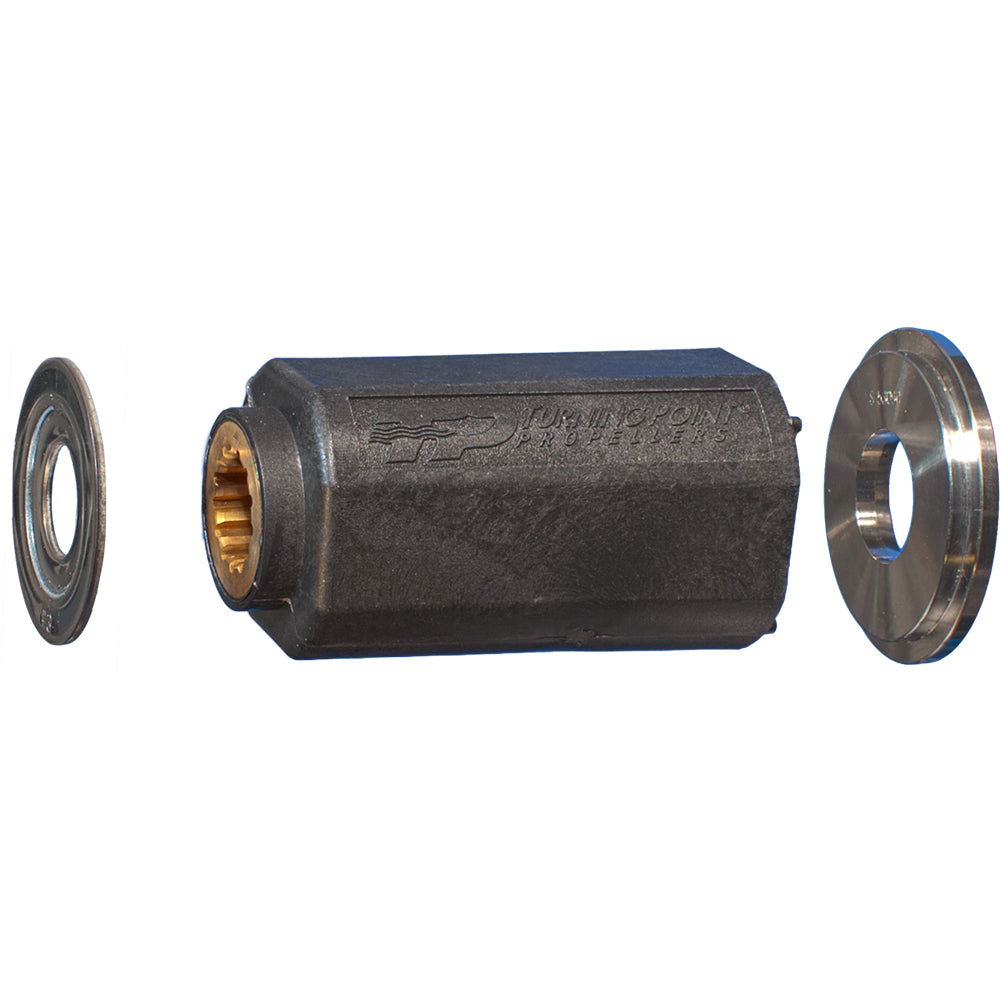 Turning Point Hub Kit #503 with black outer hub, brass inner splines, and two silver washers.