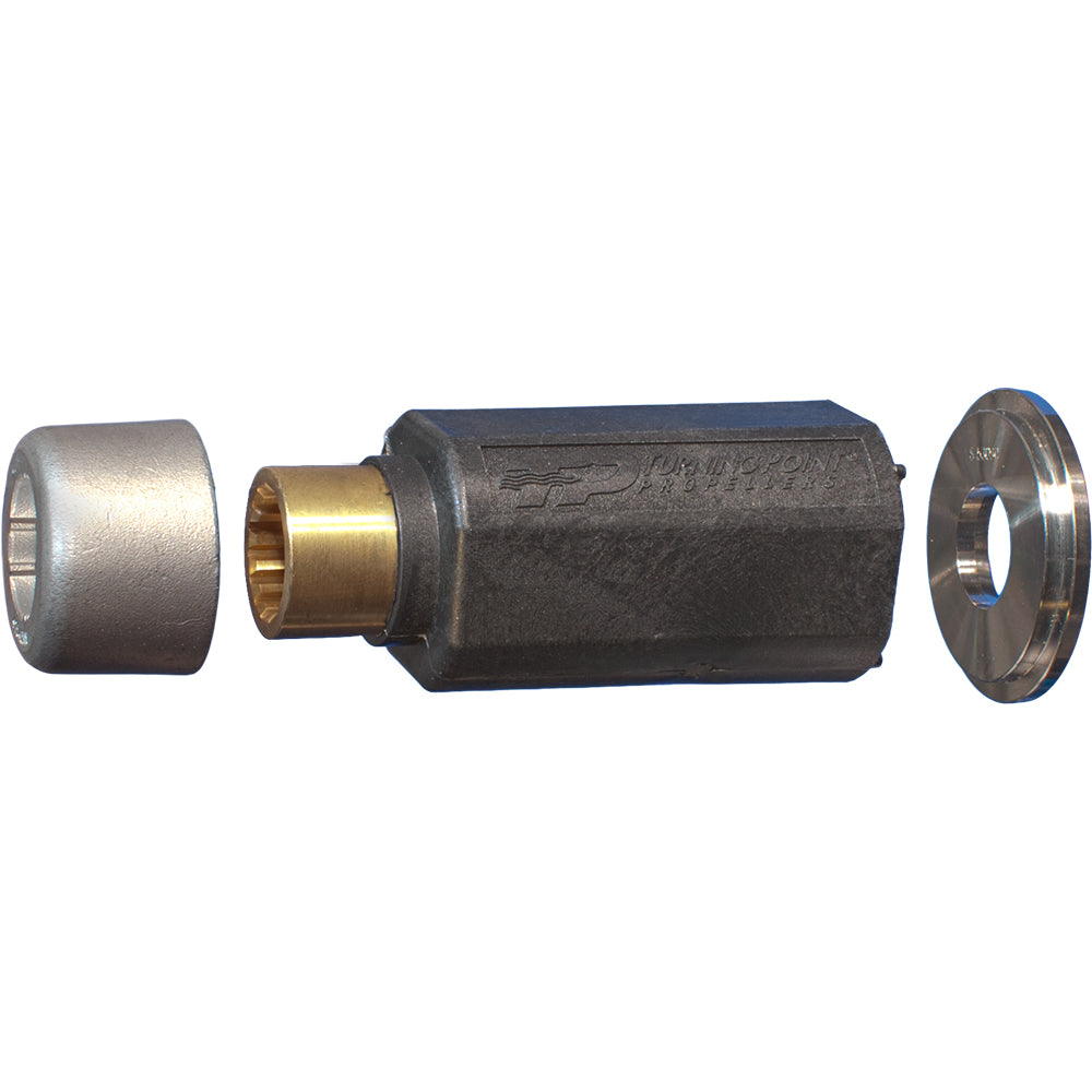 Turning Point Hub Kit #504: black hexagonal hub with brass splines, silver end cap, and washer.