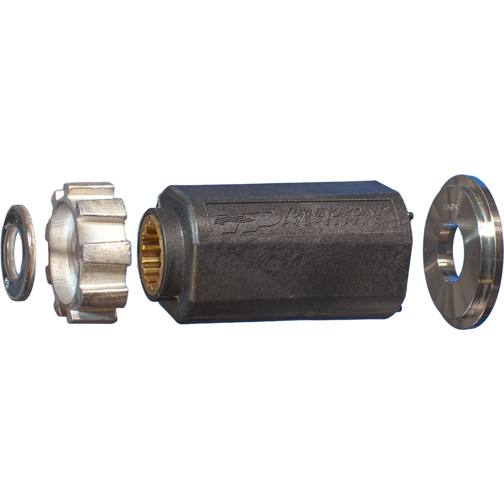 Turning Point Hub Kit #705 with black outer hub, brass splines, silver washer, and splined nut.