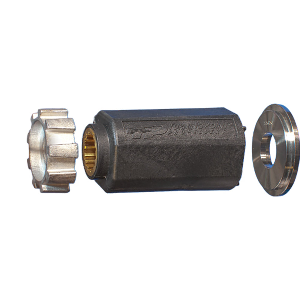 Turning Point Hub Kit #711, a black plastic hub with brass splines, flanked by two silver metal components.