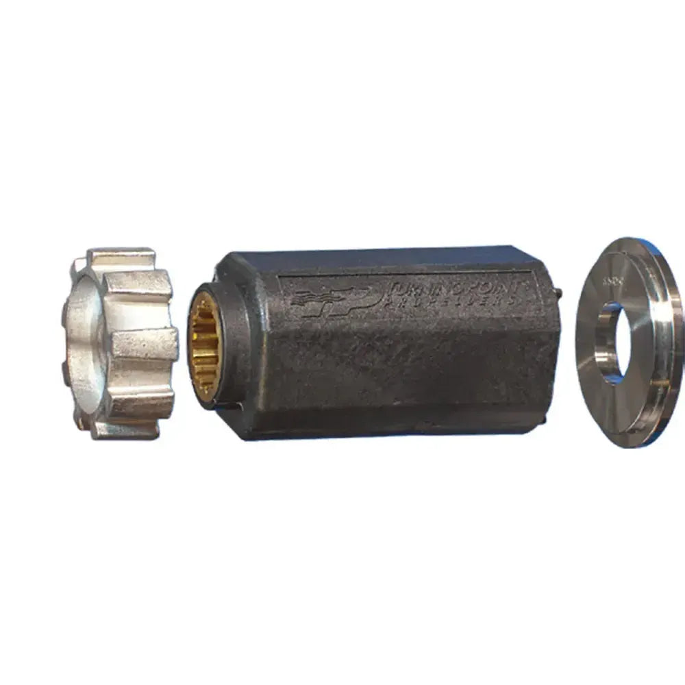 Turning Point Hub Kit #711, a black plastic hub with brass splines, flanked by two silver metal components.