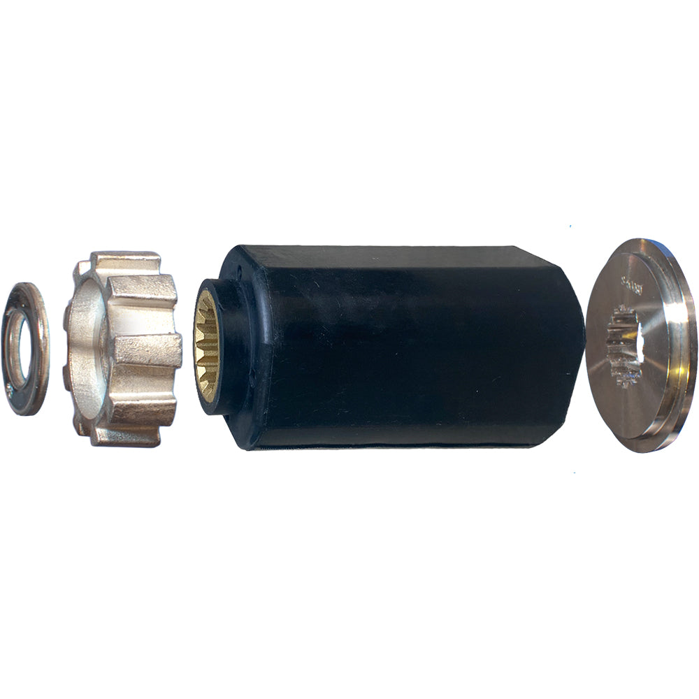 Turning Point Hub Kit #800F: black rubber hub, brass splined insert, and silver metal washer and cap.