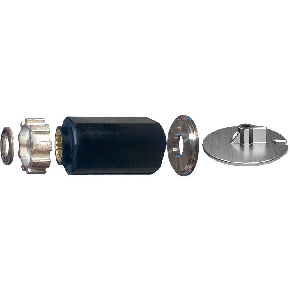 Exploded view of Turning Point Hub Kit #805FT with black rubber hub, silver metal washers, and propeller nut.