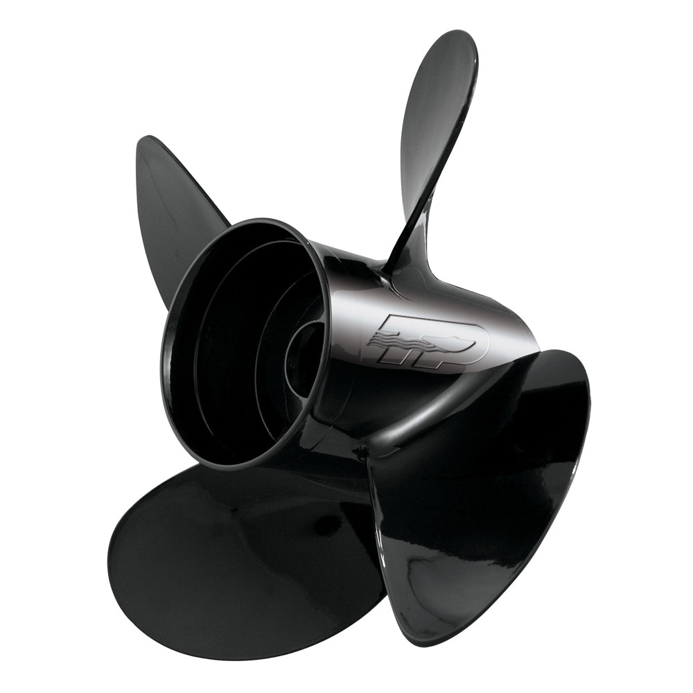 Black 4-blade aluminum Turning Point Hustler LE-1417-4L left-hand propeller with polished hub logo.
