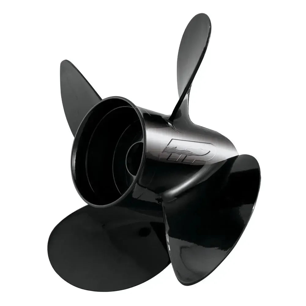 Black 4-blade aluminum Turning Point Hustler LE-1417-4L left-hand propeller with polished hub logo.