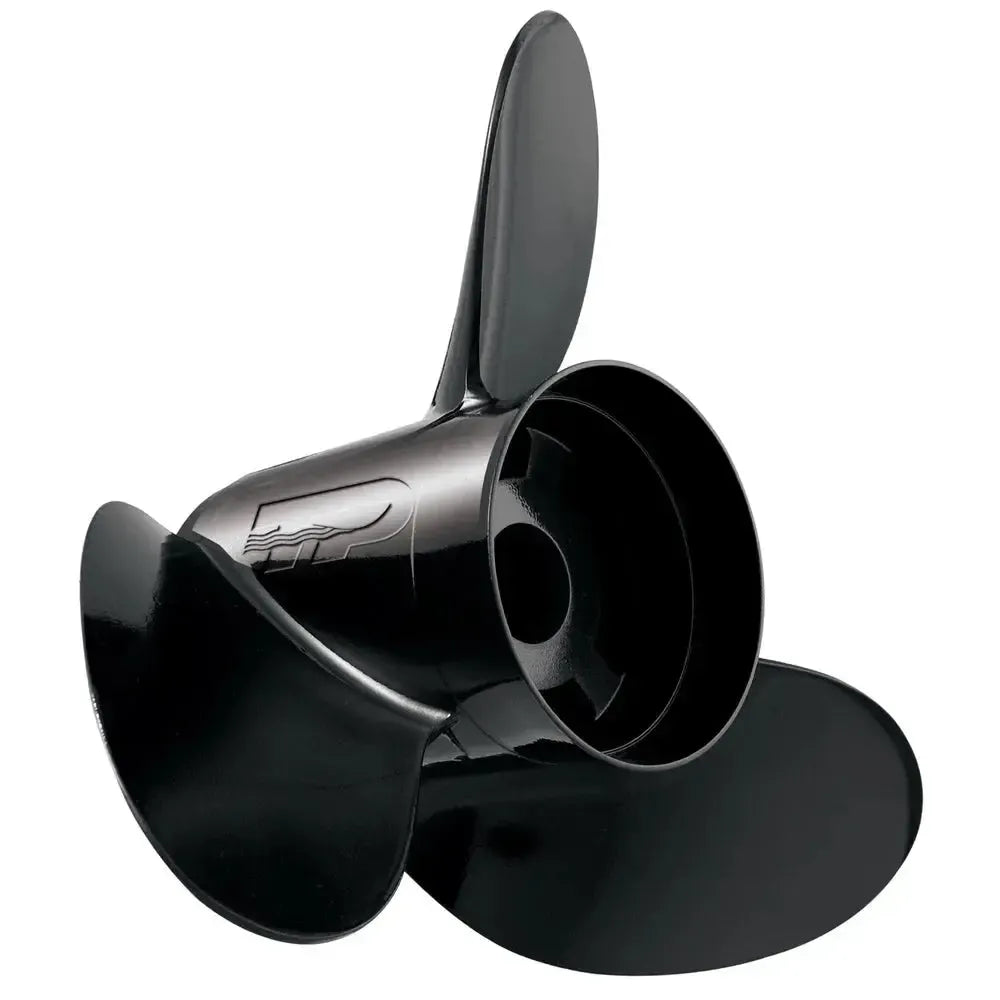 Black, 3-blade aluminum Turning Point Hustler boat propeller, 13.75" x 15 pitch.