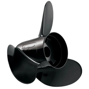 Black, 3-blade aluminum Turning Point Hustler boat propeller, 13.75" x 15 pitch.